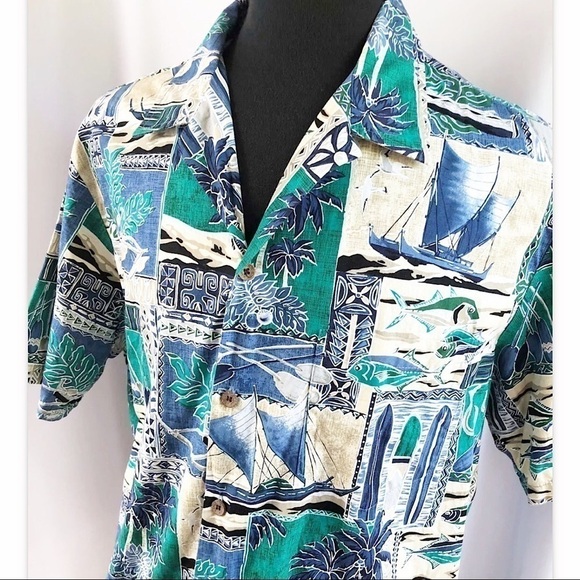 RJC Hawaiian Tropical Print Button Up Shirt Green - Picture 2 of 7